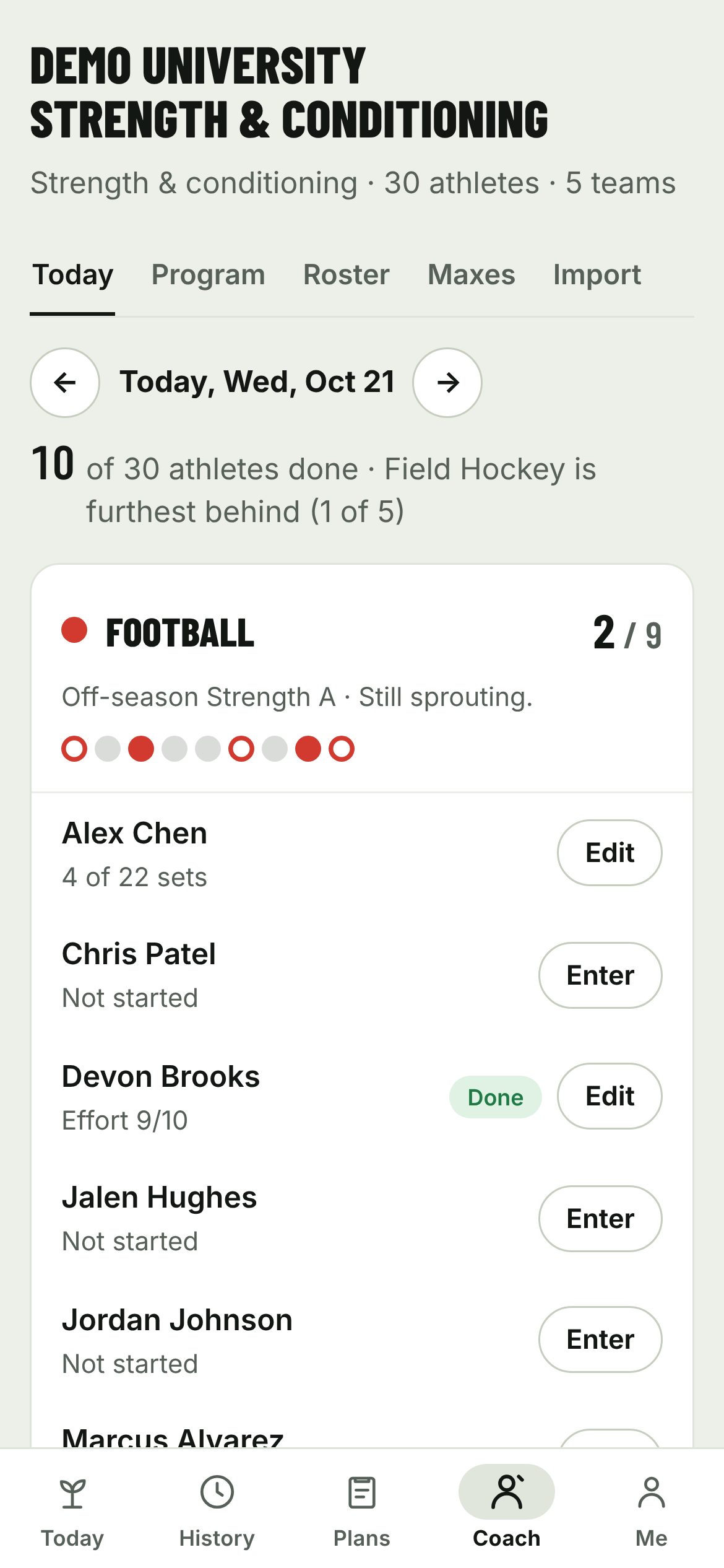 The coach’s Today screen for Demo University: 10 of 30 athletes done, Field Hockey furthest behind, and Football 2 of 9 with a plate per athlete